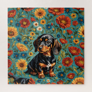 Quebra-cabeça "Floral Dachshund Delight - Colorida Dog Quebra-ca