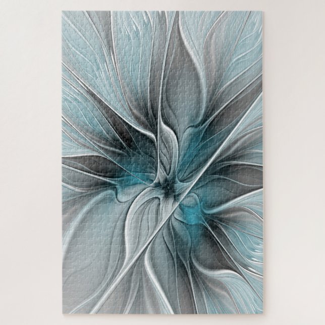 Quebra-cabeça Floral Fractal Moderno Abstrato Flor Azul Cinza (Vertical)