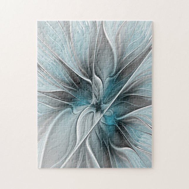 Quebra-cabeça Floral Fractal Moderno Abstrato Flor Azul Cinza (Vertical)