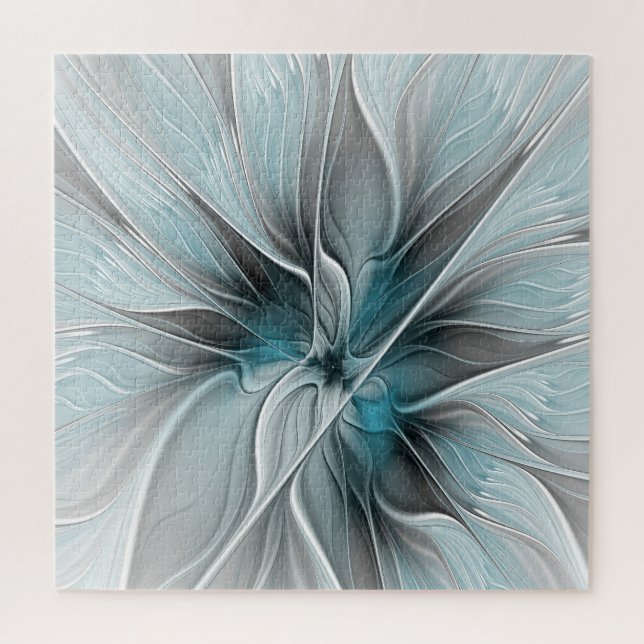 Quebra-cabeça Floral Fractal Moderno Abstrato Flor Azul Cinza (Vertical)