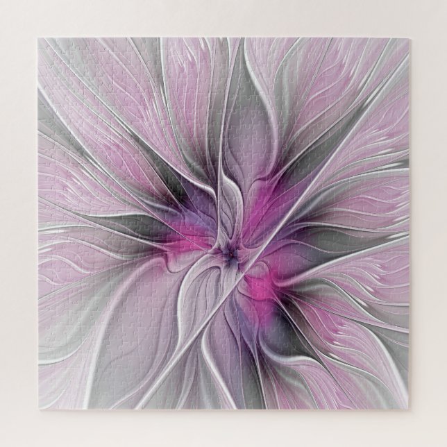 Quebra-cabeça Floral Fractal Moderno Abstrato Flor Rosa Cinza (Vertical)