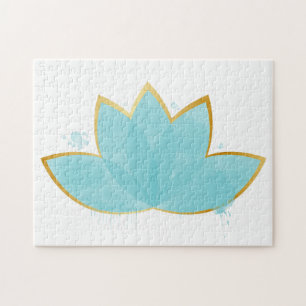 Quebra-cabeça Floral Lotus Watercolor Seafoam Azul e Faux Dourad