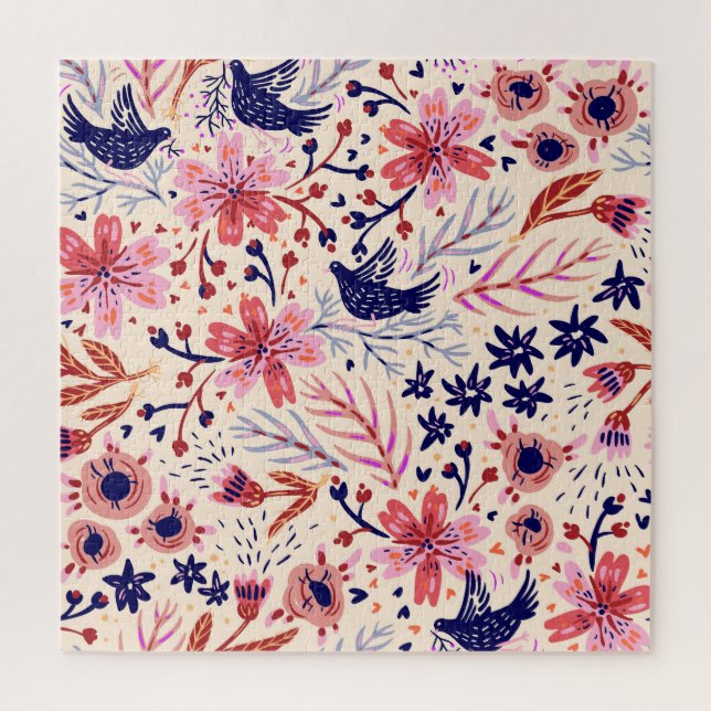 Quebra-cabeça Floral, pássaros, padrão contínuo de colheita. (Vertical)