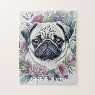 Quebra-cabeça Floral Personalizado Pug Watercolor