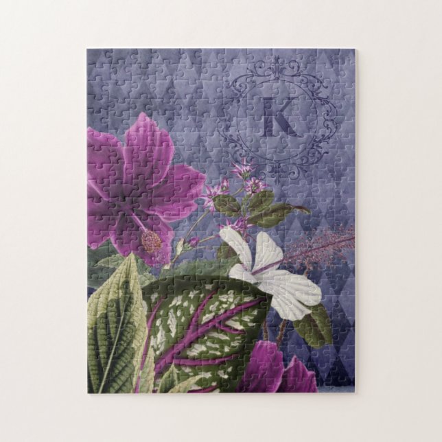 Quebra-cabeça Floral Puro do Monograma Personalizado (Vertical)