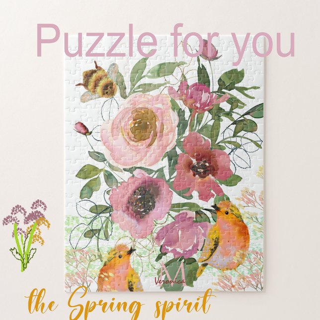 Quebra-cabeça floral rosa com aves (Beautiful Spring puzzle with yellow birds and pink flowers to bring the spirit of spring to you)