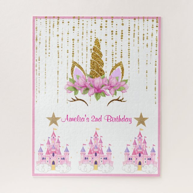 Quebra-cabeça Floral Rosa| Festa de aniversário Unicorn (Vertical)