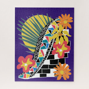 Quebra-cabeça Floral Tropical Ousado Mosaico Preto e Branco sobr