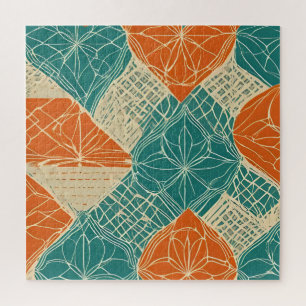 Quebra-cabeça Flores Abstratas Azul-Verde, Laranja e Bege