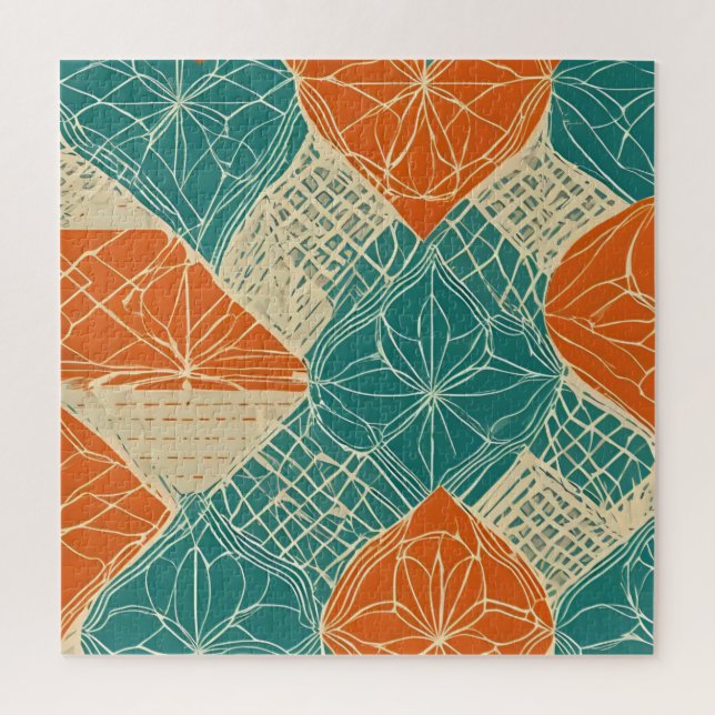 Quebra-cabeça Flores Abstratas Azul-Verde, Laranja e Bege (Vertical)