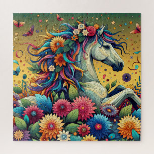 Quebra-cabeça Flores bonito Coloridas Whimsical e Cavalo Branco