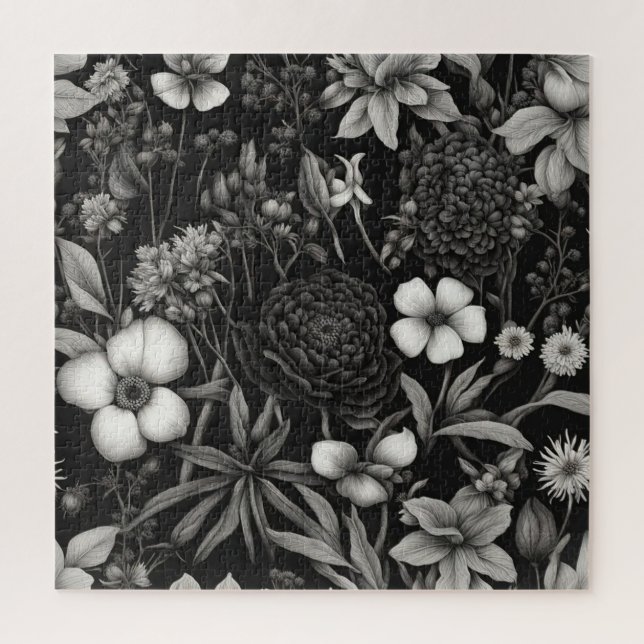Quebra-cabeça Flores botânicas, pretas e brancas (Vertical)
