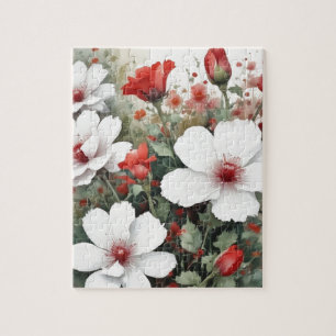 Quebra-cabeça Flores brancas e vermelhas, cor d'água elegante