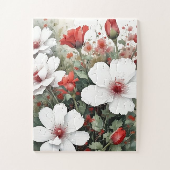 Quebra-cabeça Flores brancas e vermelhas, cor d'água elegante (Vertical)