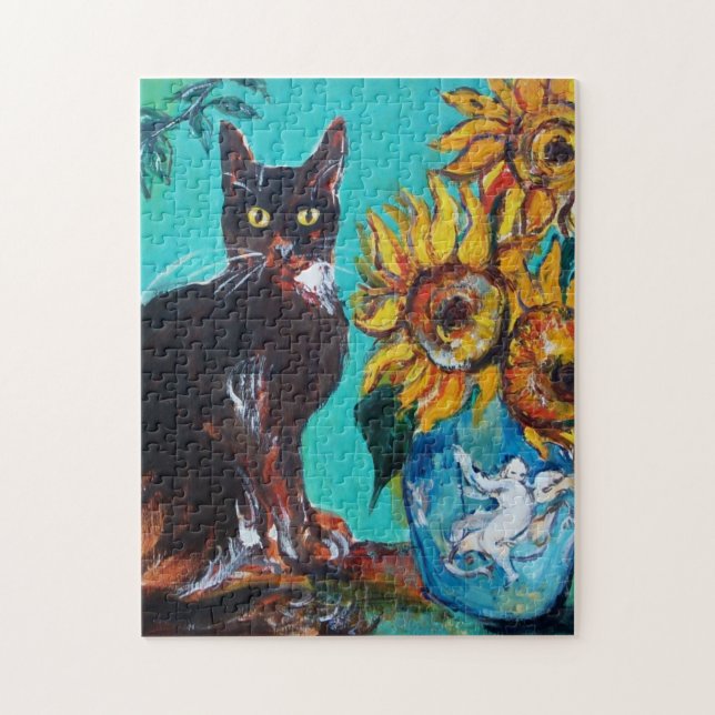 QUEBRA-CABEÇA FLORES COM GATO PRETO EM TURQUOISMO AZUL (Vertical)