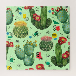 Quebra-cabeça Flores De Cactus: Fundo Geométrico De Aquarela.