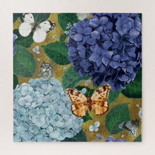 Quebra-cabeça Flores de Hydrangea Azul e Borboleta