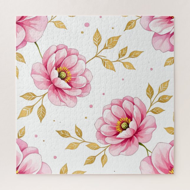 Quebra-cabeça Flores de Peônia Rosa Padrão Folhas Douradas (Vertical)