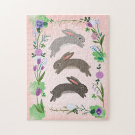 Quebra-cabeça Flores de primavera e coelhos saltadores |
