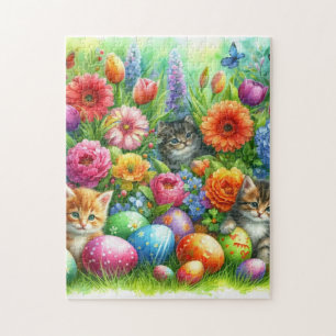 Quebra-cabeça Flores de Primavera Ovos de Páscoa e Gatinhos no J