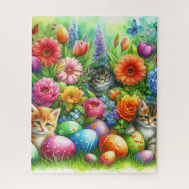 Quebra-cabeça Flores de Primavera Ovos de Páscoa e Gatinhos no J