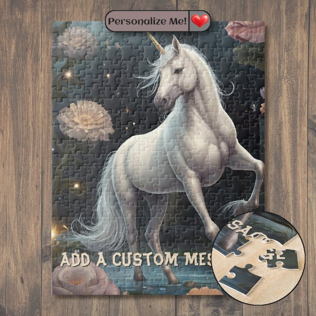 Quebra-cabeça Flores de Unicórnio Branco Personalizadas (Personalized White Unicorn Flowers Jigsaw Puzzle)