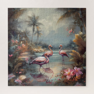 Quebra-cabeça Flores e flamingos de pintura botânica em folha