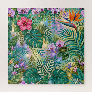 Quebra-cabeça Flores Fantasia da Selva Roxo Verde Dourado Sonhad