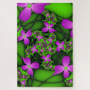 Quebra-cabeça Flores Fractais Abstratas Modernas Rosa Verde Neon