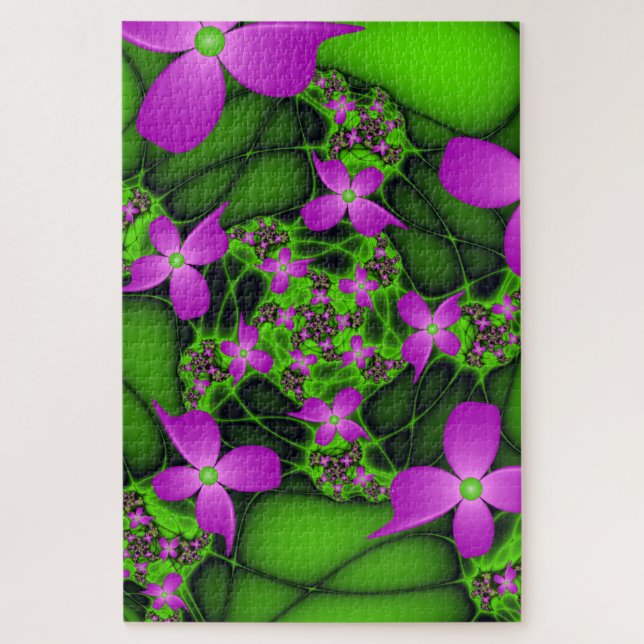 Quebra-cabeça Flores Fractais Abstratas Modernas Rosa Verde Neon (Vertical)