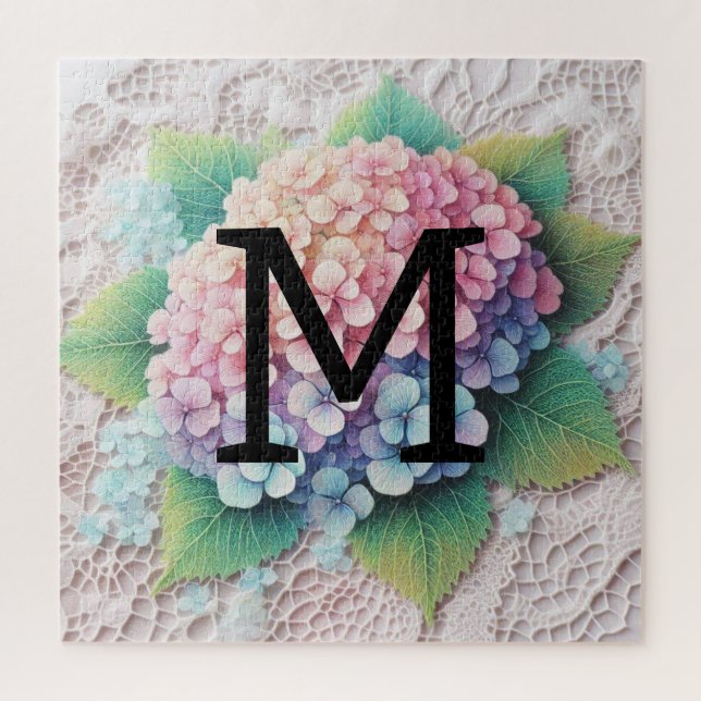 Quebra-cabeça Flores hidrangea, cor-de-rosa, com rendas monogram (Vertical)