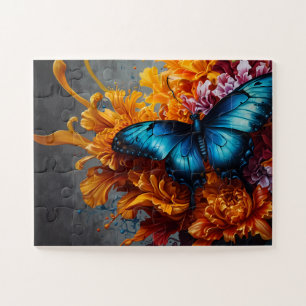 Quebra-cabeça Flores Laranja Profunda Azul-Meia-Noite