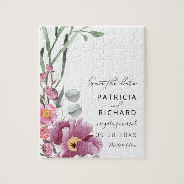 Quebra-cabeça Flores Selvagens Aquarela Casamento Salvar A Data (Vertical)