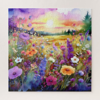 Quebra-cabeça Flores silvestres ao pôr do sol em aquarela