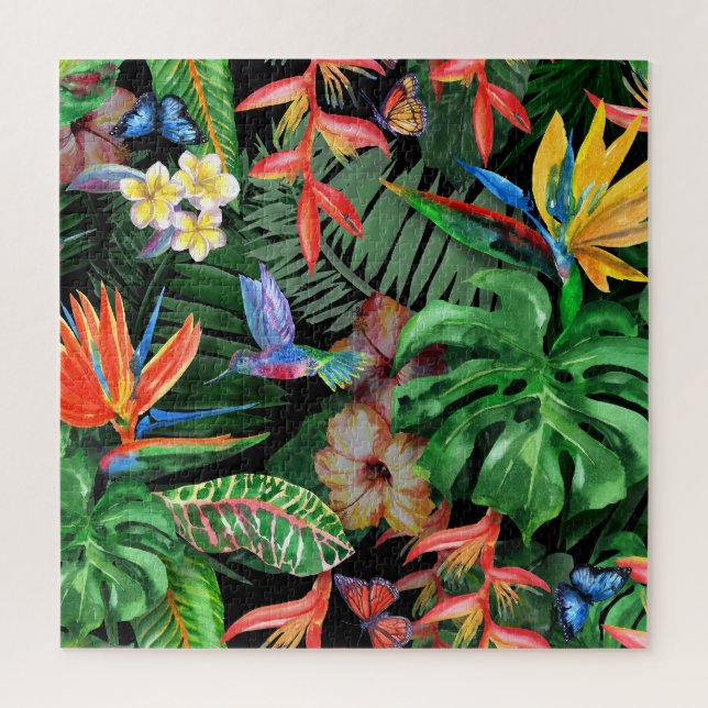 Quebra-cabeça Flores Tropicais: Padrão Exótico de Aquarela (Vertical)