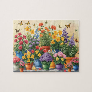 Quebra-cabeça Flores Vibrantes em Vasos e Borboletas