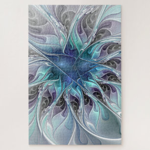 Quebra-cabeça Florescer Abstrato Moderno Floral Fractal Com Azul