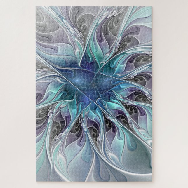 Quebra-cabeça Florescer Abstrato Moderno Floral Fractal Com Azul (Vertical)