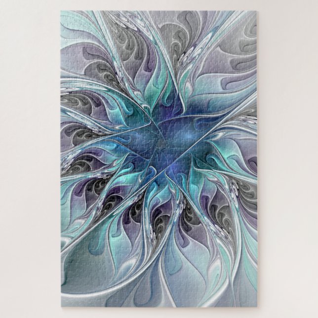 Quebra-cabeça Florescer Abstrato Moderno Fractal Flor Com Azul (Vertical)