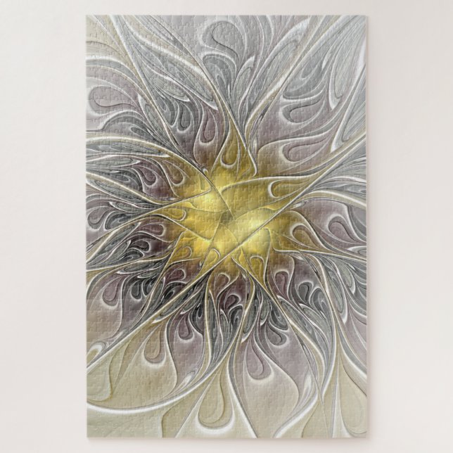 Quebra-cabeça Florescer Com Flor Fractal Abstrata Moderna Dourad (Vertical)