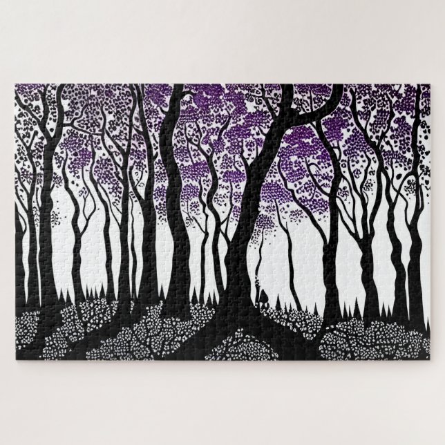 Quebra-cabeça Floresta abstrato negra e branca com Folhas Roxas (Horizontal)