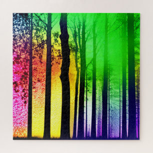 Quebra-cabeça Floresta abstrato Rainbow e Árvores Silhuetas Negr