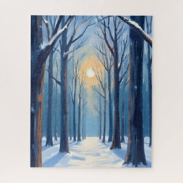 Quebra-cabeça Floresta de Inverno Árvores Aquarela Azul