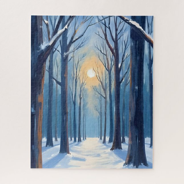 Quebra-cabeça Floresta de Inverno Árvores Aquarela Azul (Vertical)