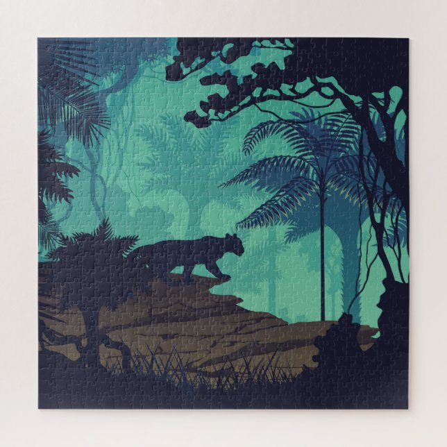 Quebra-cabeça Floresta tropical, fundo da noite de onça. (Vertical)