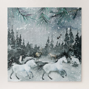 Quebra-cabeça Floresta Woodland Night Sky Cavalos Brancos e Anim