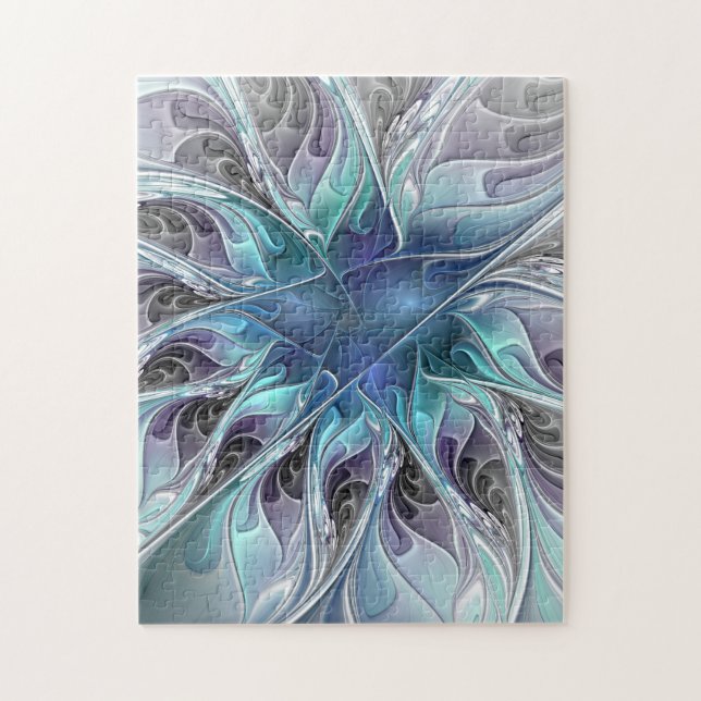 Quebra-cabeça Flourar Abstrato Moderno Flor Fractal Com Azul (Vertical)