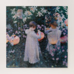Quebra-cabeça Flowers Girls Paper Lanterns Vintage Painting Kids<br><div class="desc">Custom, personalized, family kids nature flowers art lovers 675 pieces jigsaw puzzle, featuring a beautiful, enchanting, intricate, detailed vintage oil painting on canvas, by John Singer Sargent, featuring lilies carnations roses girls and paper lanterns, and your note / greetings in an elegant faux gold typography script. Made of sturdy cardboard...</div>