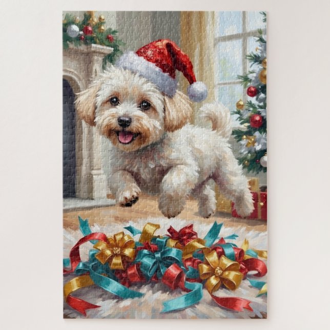 Quebra-cabeça Fluffy Bichon Frise Dog Joyful Christmas (Vertical)
