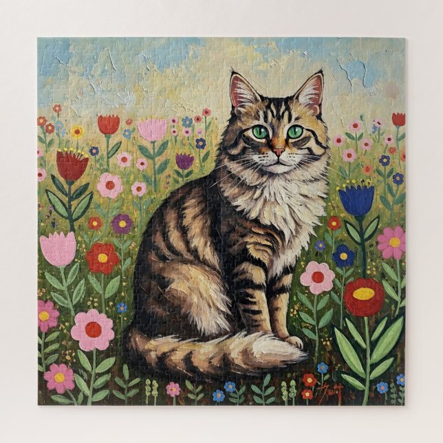 Quebra-cabeça Fluffy Gray Tabby Cat and Folk Art Flowers (Vertical)